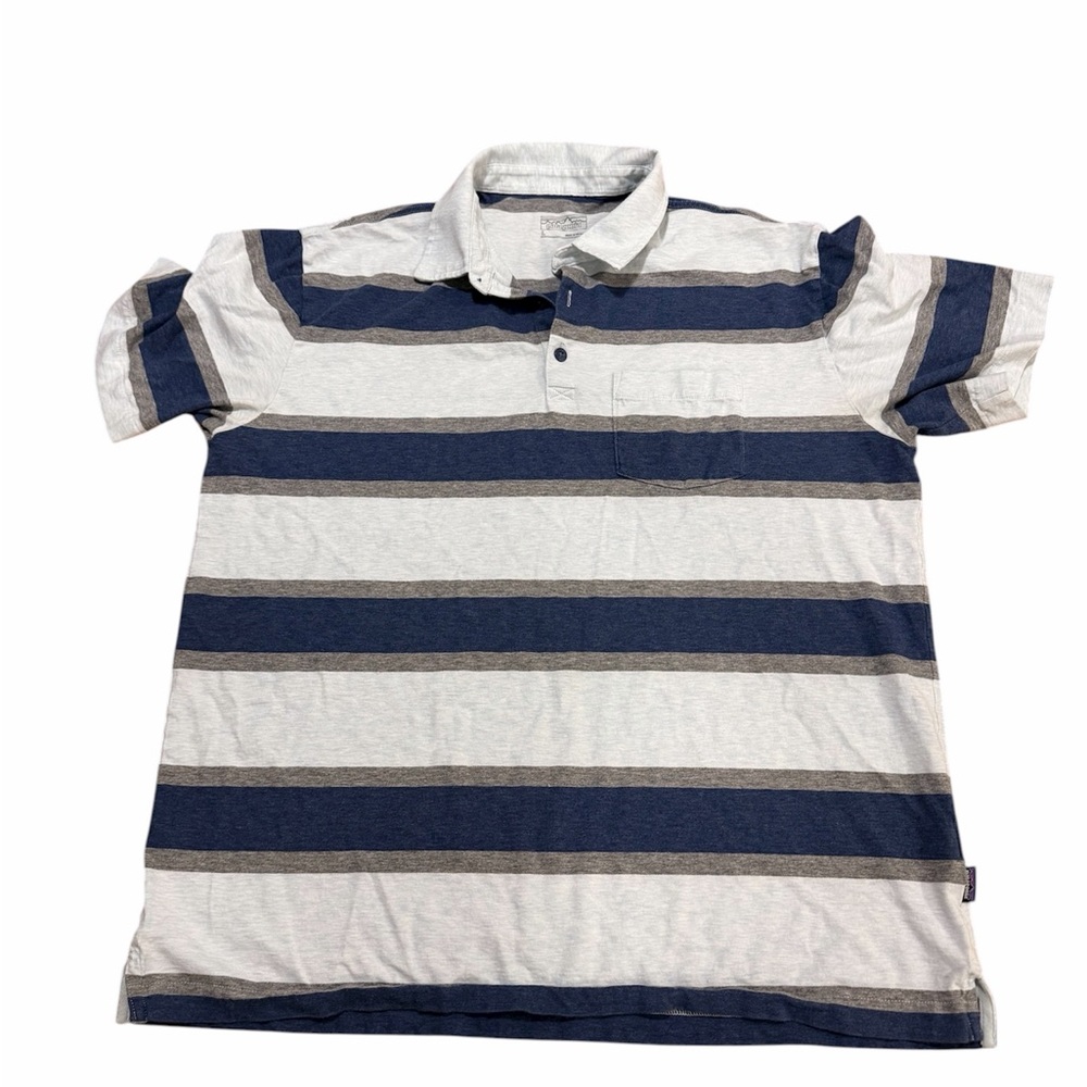 Patagonia Men Polo Shirt Size L Striped Gray Blue Short Sleeve Cotton Casual Tee
